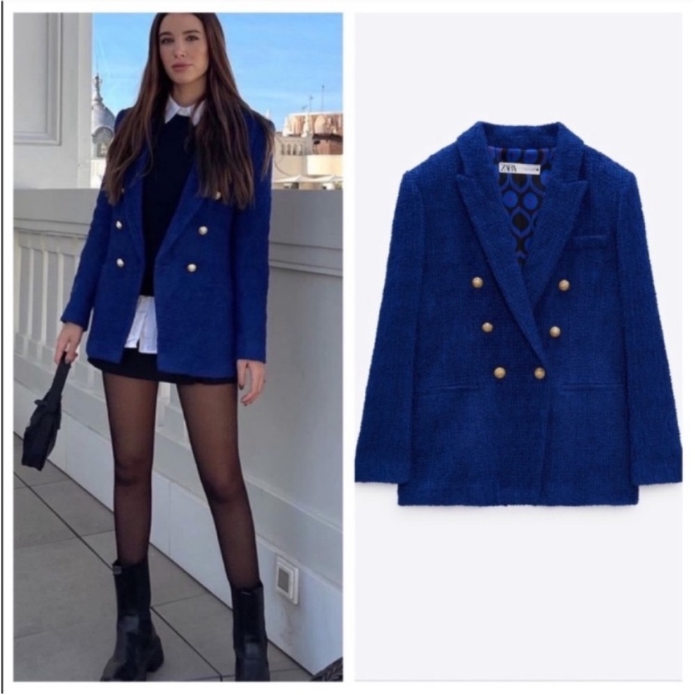 Zara Royal Blue Tweed Blazer Six Gold Buttons - Cobalt Blue